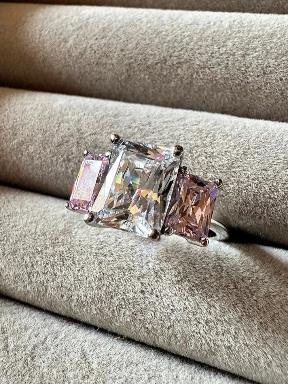 Diamonique DQ CZ 925 Sterling Silver Clear & Pink Three-Stone Ring Size 8